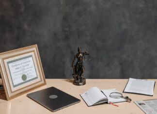 Jak legalnie używać stockowych zdjęć i ikon w projektach aplikacji i stron WWW Biurko prawnika z laptopem, dokumentami i statuą Temidy
